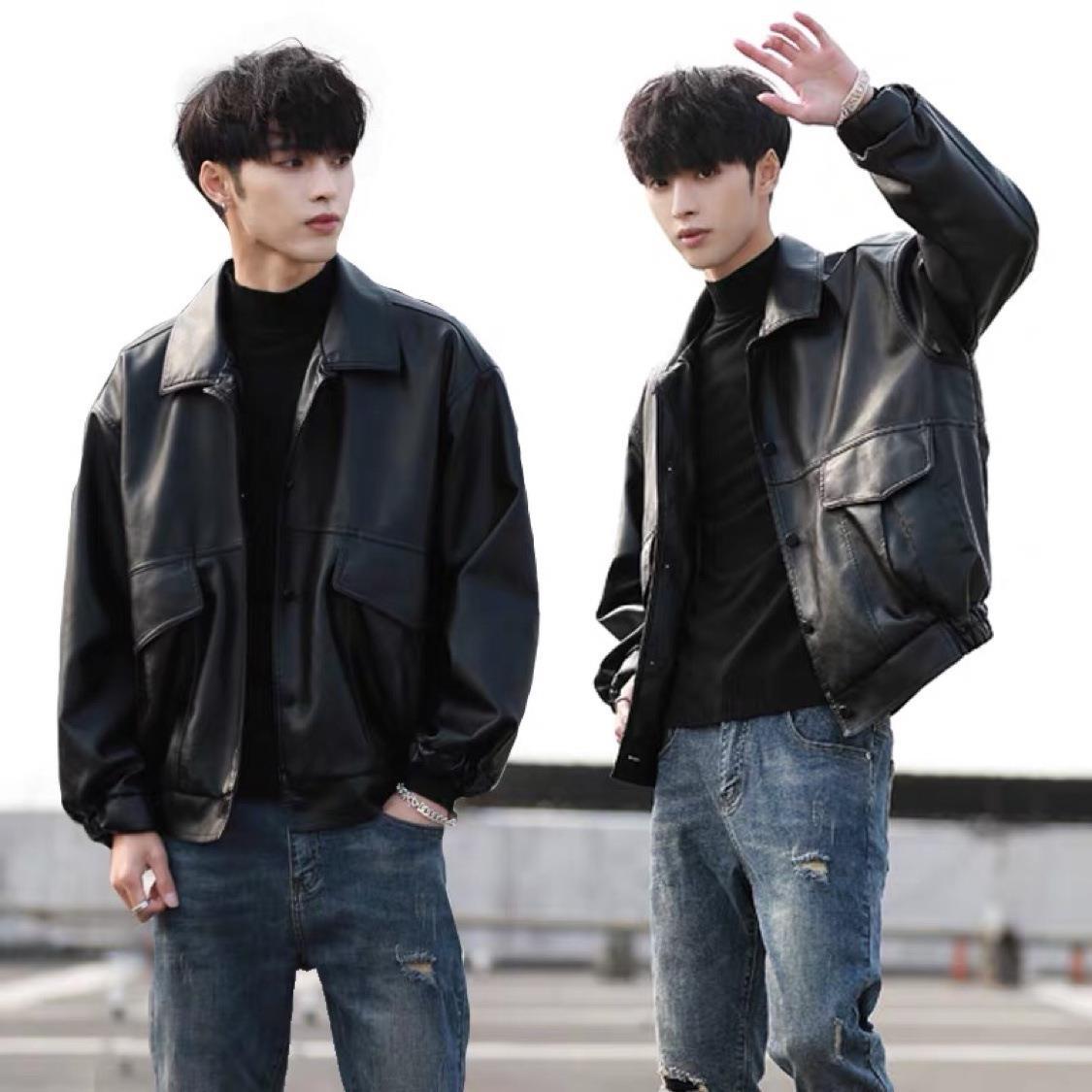 Fashionable Handsome Loose PU Leather Men&#039;s Bike Suit Aviator Leather Jacket Student Spring And Autumn Coat