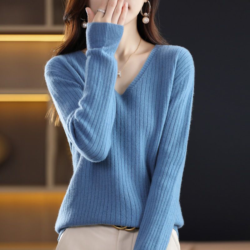 Autumn And Winter New Woolen Sweater Women&#039;s V-neck Long-sleeved Pullover Sweater Loose Round Neck Inner Knitted Sweater Bottoming Shirt