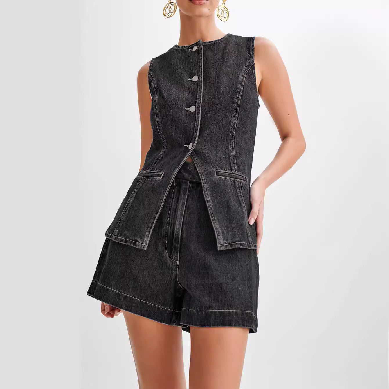 Summer Fashion Leisure Sleeveless High Waist Women&#039;s Suit Denim Shorts