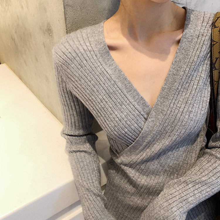 Feminine Crossover Big V-neck Slim Sweater Pit Strip Knitted Bottoming Shirt Women&#039;s Autumn And Winter With Foreign Style Long-sleeved T