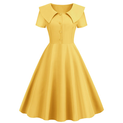 Women&#039;s Independent Station European And American Temperament Retro Dress Lapel Short-sleeved Slim-fit Pure Color A- Line Dress