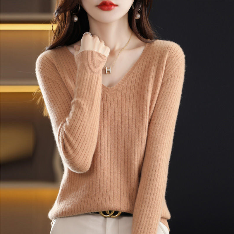 Autumn And Winter New Woolen Sweater Women&#039;s V-neck Long-sleeved Pullover Sweater Loose Round Neck Inner Knitted Sweater Bottoming Shirt