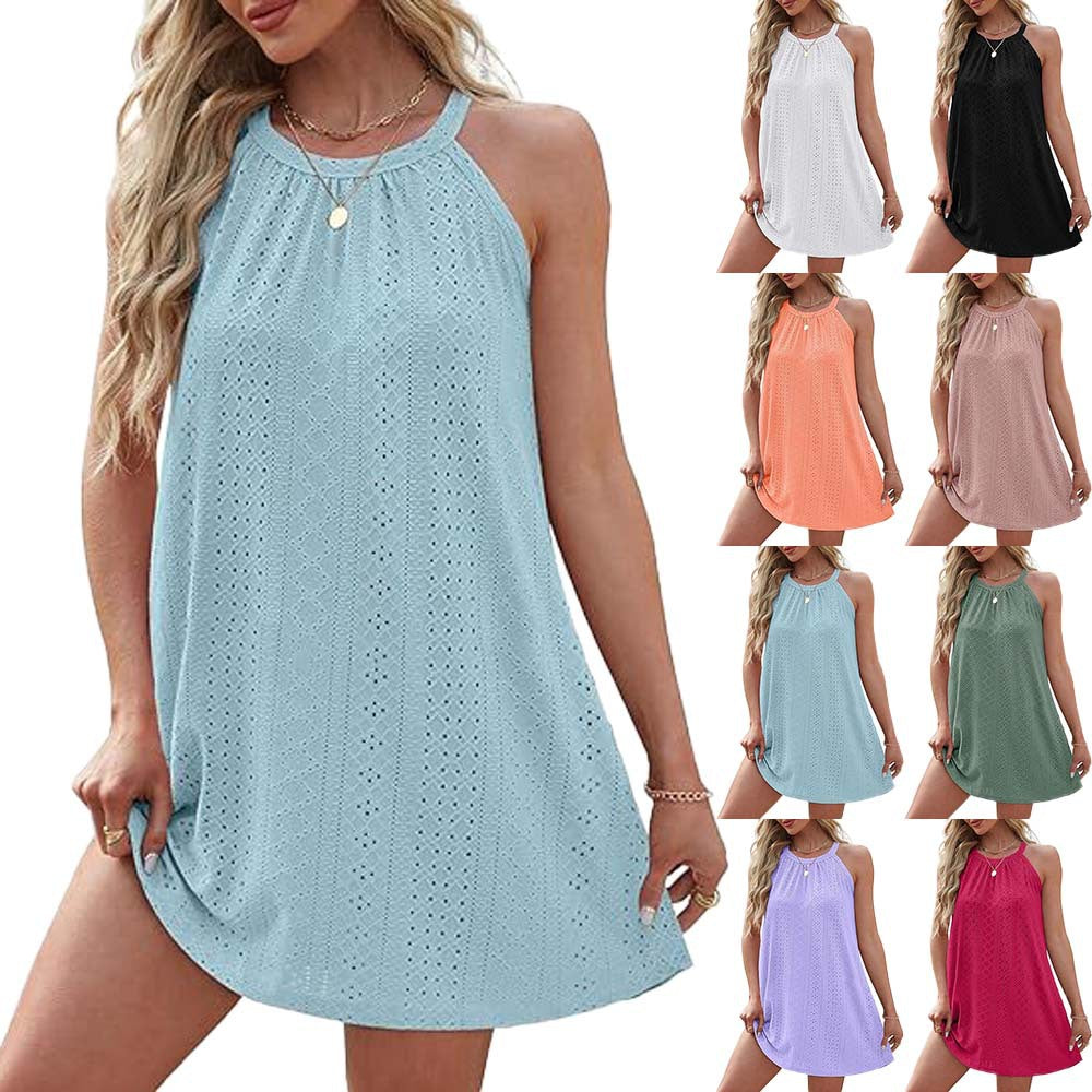 Summer New Round Neck Halter Sleeveless Solid Color Vest Dress Women