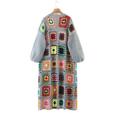 Women's Color Plaid Round Neck Long Sweater Coat