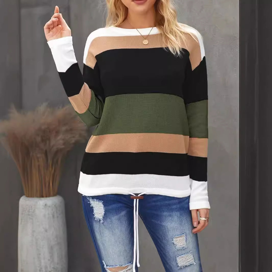 Women's Knitted Long-sleeved Striped Color Matching T-shirt