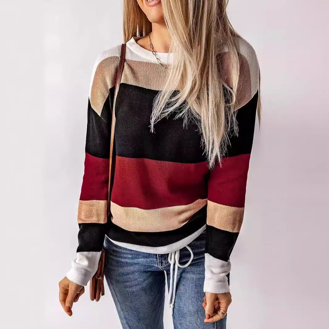 Women's Knitted Long-sleeved Striped Color Matching T-shirt