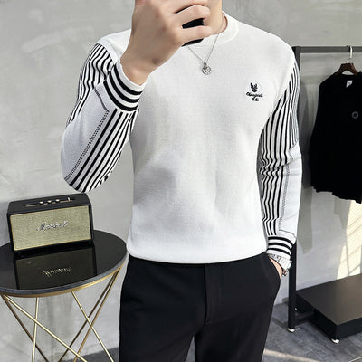 Fall Winter Men Color Contrast Patchwork Round Neck Sweater