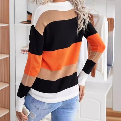 Women's Knitted Long-sleeved Striped Color Matching T-shirt