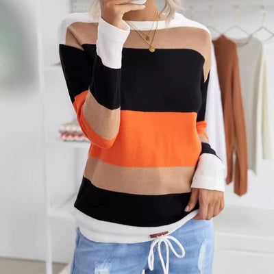 Women's Knitted Long-sleeved Striped Color Matching T-shirt