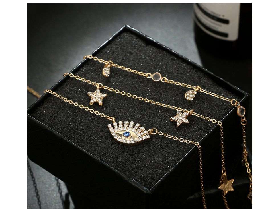 Fashion water drop five-pointed star diamond personality eyelash blue diamond multi-layer necklace necklace