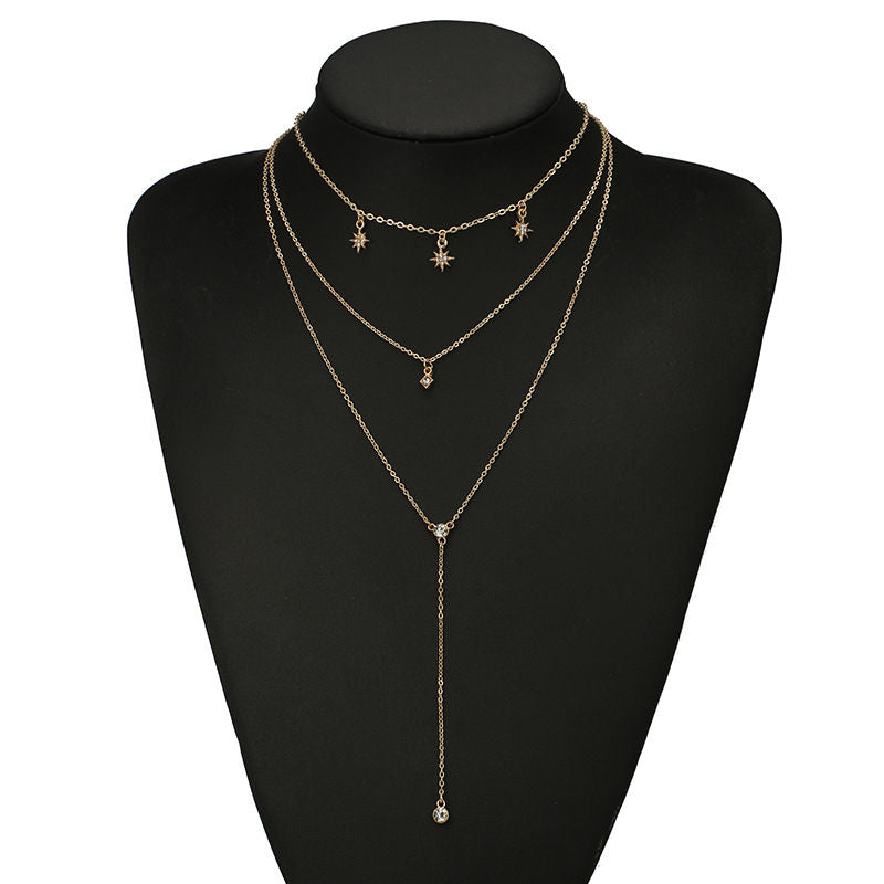 Fashion Multi-layer Alloy Diamond Necklace Star Rhinestone Clavicle Chain Necklace