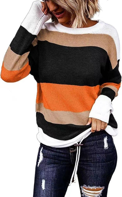 Women's Knitted Long-sleeved Striped Color Matching T-shirt