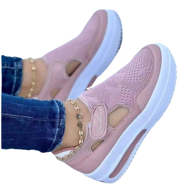 Summer Foreign Trade Large Size Fly-woven Breathable Casual Single-layer Shoes Wedge Heel Thick-soled Hollow Velcro Round Toe Low-top Women&#039;s Single-layer Shoes